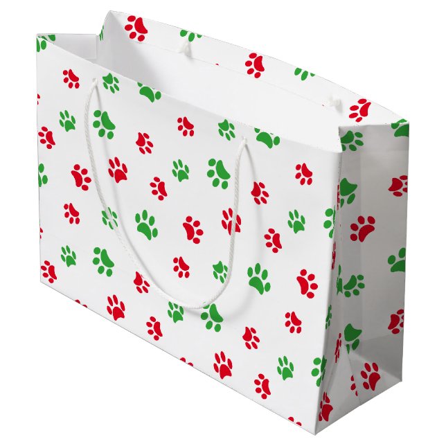 Red and Green Paw Prints Muster Weihnachtsthema Große Geschenktüte (Rückseite Schrägansicht)
