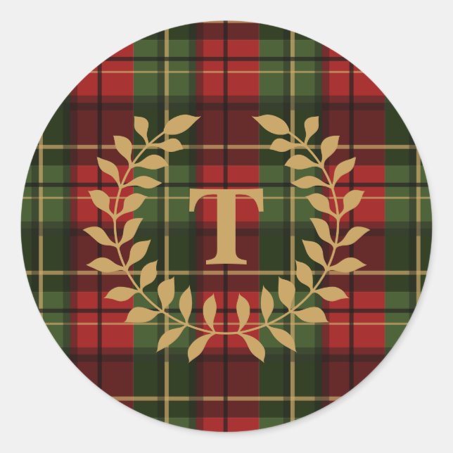 Red And Green Plaid Tartan Pattern With Monogram Runder Aufkleber (Vorderseite)