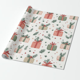 Red and Green Presents Pine Sprigs Christmas Gift  Geschenkpapier