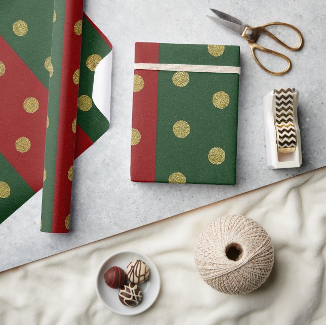 Red and green Stripes and Gold Polka Dots Geschenkpapier (Kunsthandwerk)