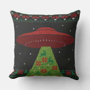 Red and Green UFO Traktor Beam Ugly Christmas Kissen