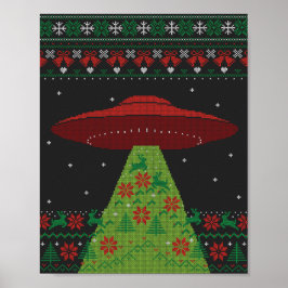 Red and Green UFO Traktor Beam Ugly Christmas Poster