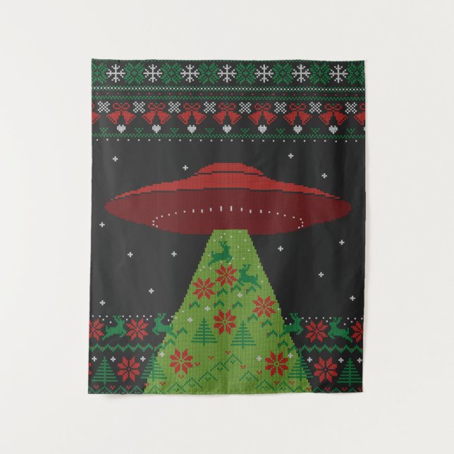 Red and Green UFO Traktor Beam Ugly Christmas Wandteppich (Vorderseite)