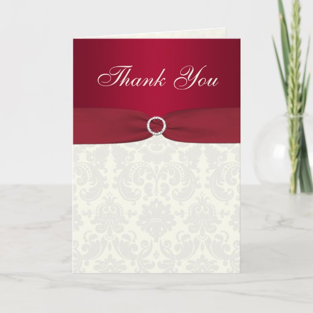 Red and Ivory Damask Thank you Card Dankeskarte (Vorderseite)