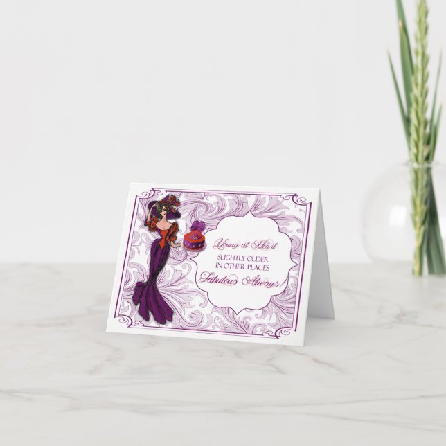 Red and Lila Lady in Hat Birthday Card Karte (Vorderseite)