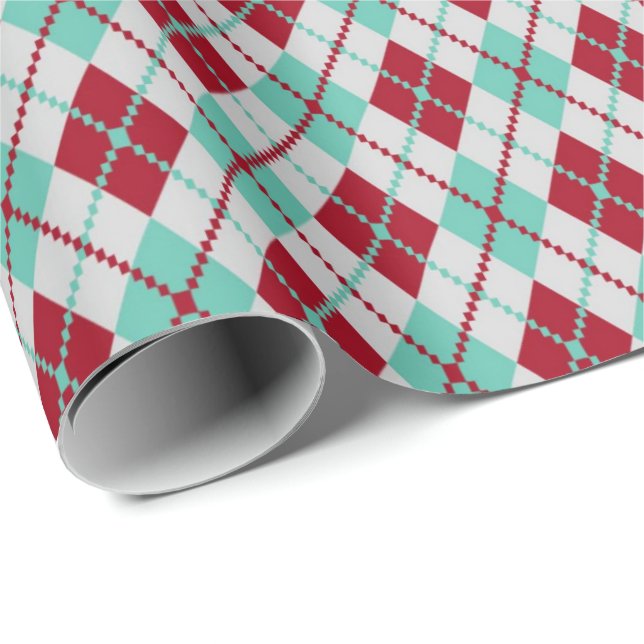 Red and Minze Green Raute Weihnachtsmuster Geschenkpapier (Rolleneckpunkt)