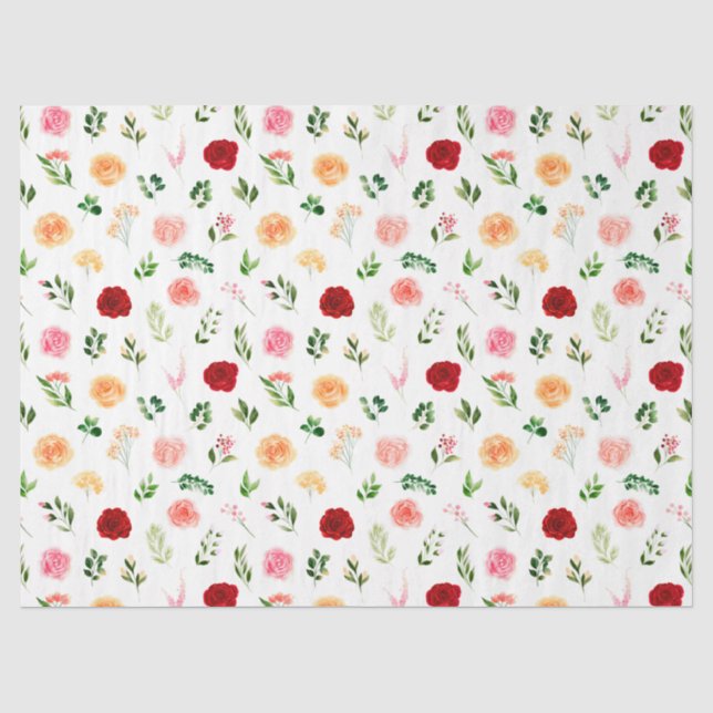 Red and Orange Flowers with Foliage Pattern Seidenpapier (Vorderseite)