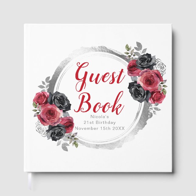 Red and Silver Elegant Flowers Birthday Party Gästebuch (Vorderseite)