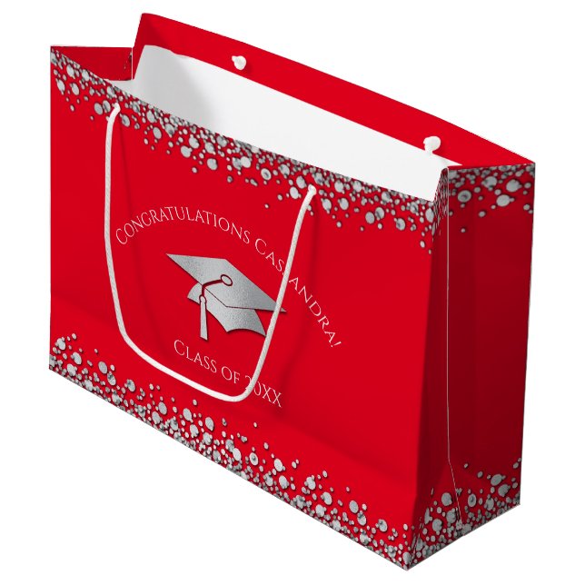 Red and Silver Graduation Große Geschenktüte (Vorderseite Schrägansicht)