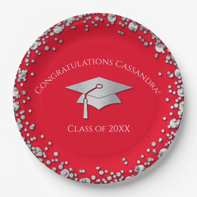 Red and Silver Graduation Pappteller (Vorderseite)