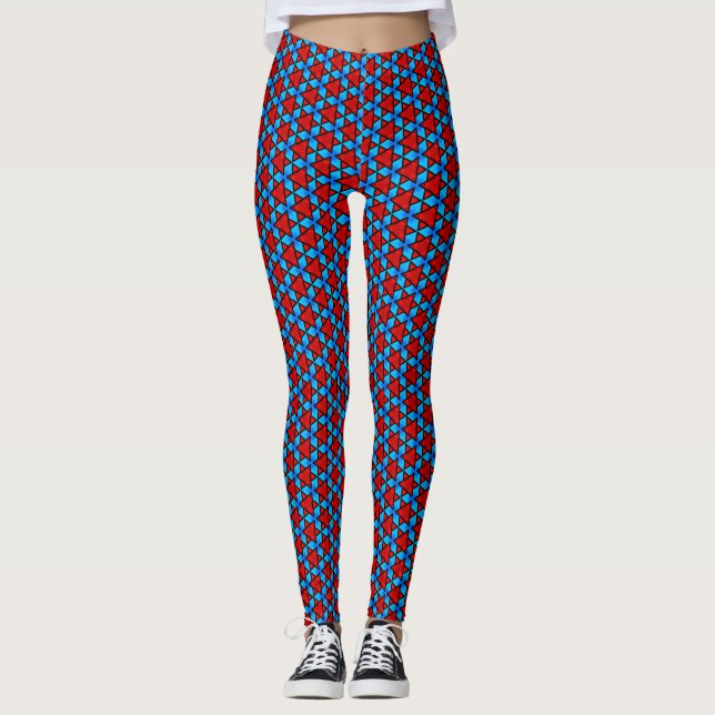 Red and Sky Blue Triangle Star Tile Leggings (Vorderseite)