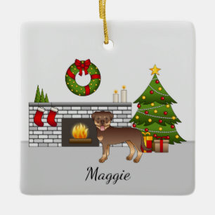 Red And Tan Rottweiler Dog In A Christmas Room Keramikornament