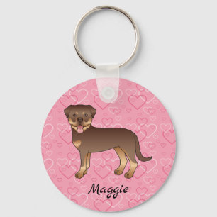Red And Tan Rottweiler Dog On Pink Hearts & Name Schlüsselanhänger