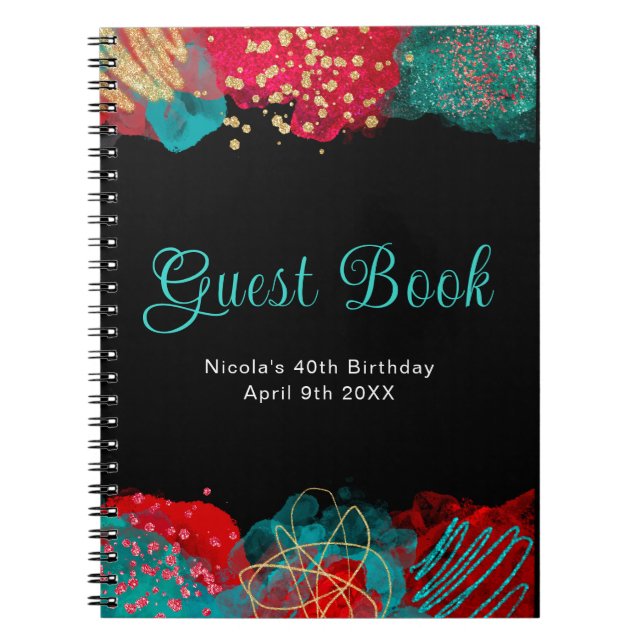 Red and Teal Blue Alcohol Ink Birthday Guest Book Notizblock (Vorderseite)