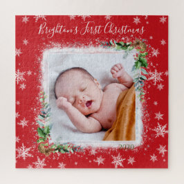 Red and White Baby's First Christmas Foto Name