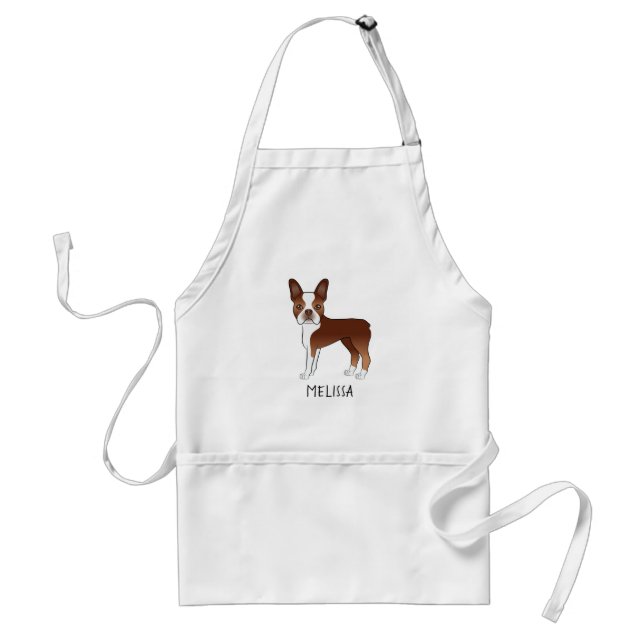 Red and White Boston Terrier Cartoon Dog & Name Schürze (Vorne)