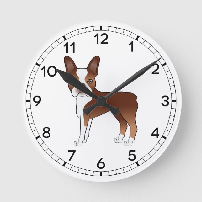 Red and White Boston Terrier Dog Illustration Runde Wanduhr (Vorderseite)