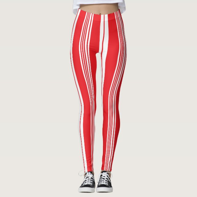 Red and White Christmas Candy Cane Fett Streifen Leggings (Vorderseite)