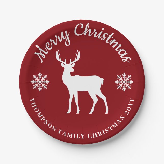 Red And White Deer And Snowflakes Christmas Party Pappteller (Vorderseite)