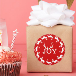 Red and White Joy Deer Antler Weihnachtsfeiertag Runder Aufkleber