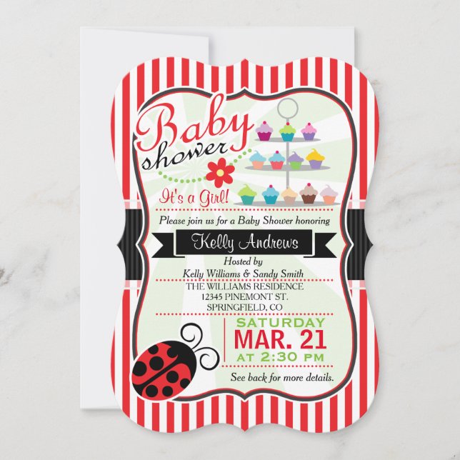 Red and White Ladybug Theme Girl Baby Dusche Einladung (Vorderseite)