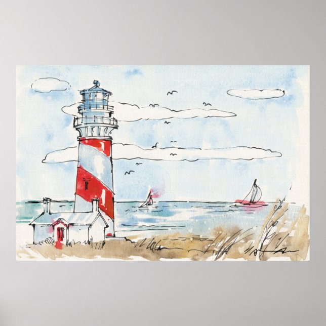 Red and White Lighthouse Scene Poster (Vorne)