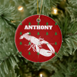 Red and White Lobster Personalized Christmas Keramik Ornament<br><div class="desc">Create a personalized Christmas ornament that's perfect for anyone who loves lobsters. This ornament feature images of lobsters in white set against a festive red and green background. It's ready to be personalized with a name in bold white lettering.</div>