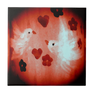 Red and White Love Birds Dove Fliese
