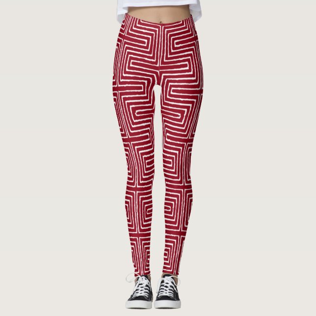 Red and White Maze African Mud Cloud Leggings (Vorderseite)