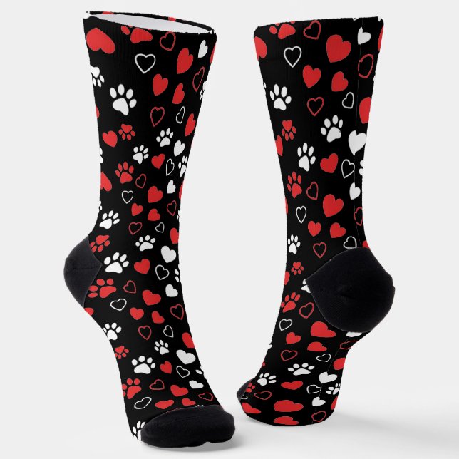 Red and White Paw Print and Heart Pattern Socks Socken (Gewinkelt)