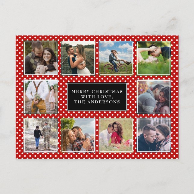 Red and White Polka Dot 10 FotoCollage Weihnachten Postkarte (Vorderseite)