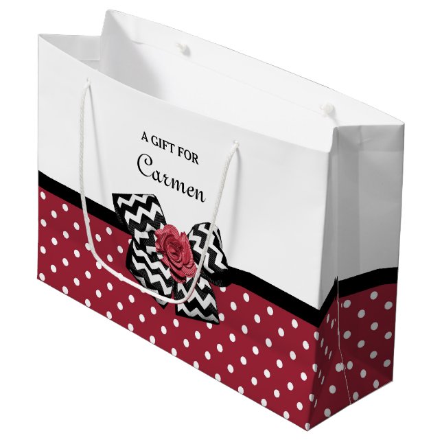 Red and White Polka Dots Niedliche Rose Zickzack B Große Geschenktüte (Vorderseite Schrägansicht)