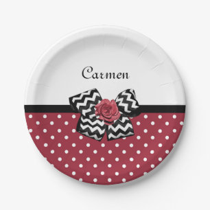 Red and White Polka Dots Niedliche Rose Zickzack B Pappteller