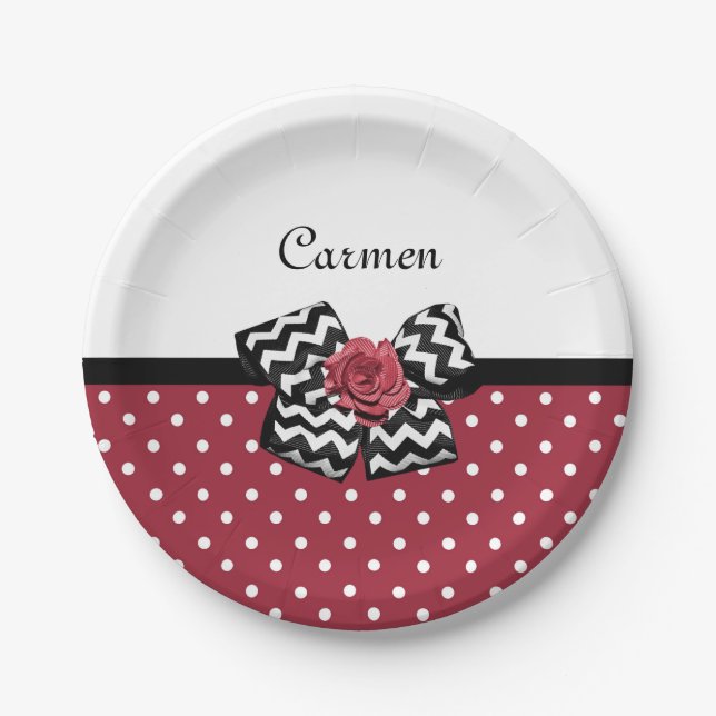 Red and White Polka Dots Niedliche Rose Zickzack B Pappteller (Vorderseite)