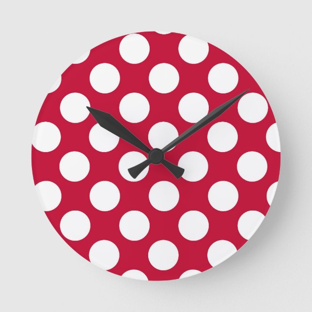 Red and White Polkadots Wall Clock Runde Wanduhr (Vorderseite)