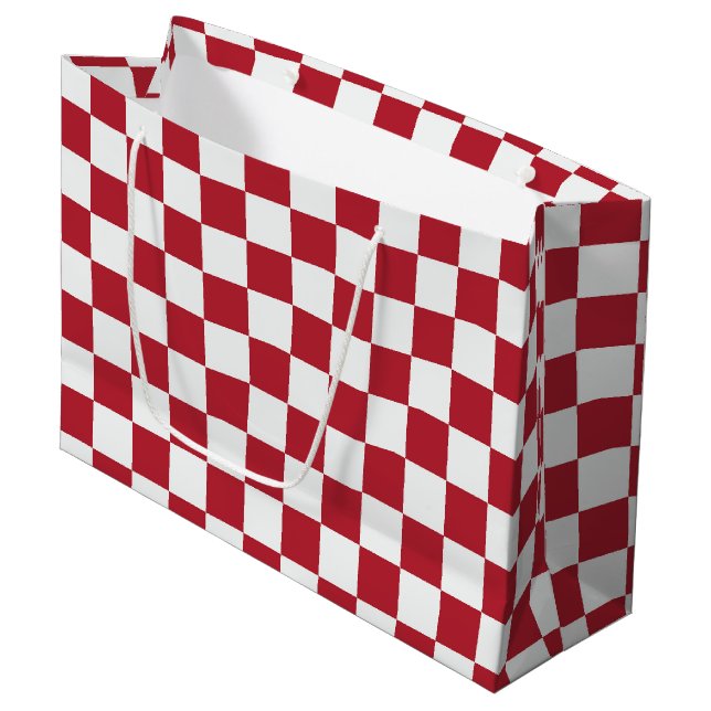 Red and White Retro Check Holiday Große Geschenktüte (Vorderseite Schrägansicht)