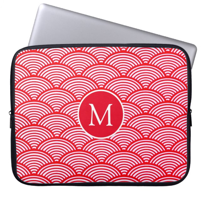 Red and White Scallop Pattern Monogram Laptopschutzhülle (Vorderseite)