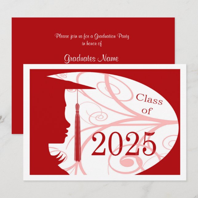 Red and White Silhouette 2025 Graduation Party Einladung (Vorne/Hinten)