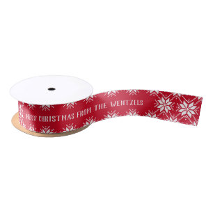 Red and White Snowflake Custom Frohe Weihnachten Satinband