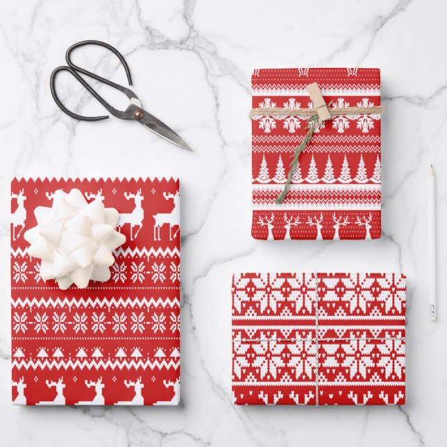 Red and White Ugge Christmas Sweater Geschenkpapier Set (Vorderseite)