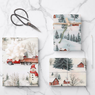 Red and White Woodland Snowman and Truck Weihnacht Geschenkpapier Set