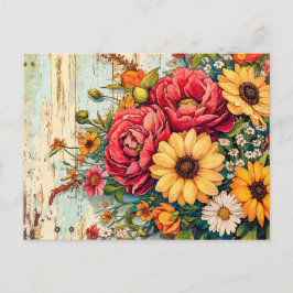 Red and Yellow Garden Flowers on Wood Postkarte
