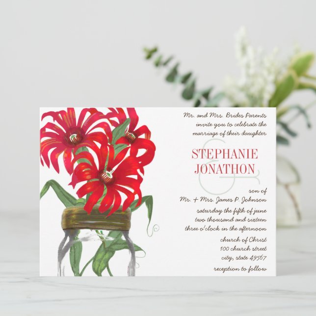 Red Andes Mountain Wild Blume Mason Jar Wedding Einladung (Stehend Vorderseite)