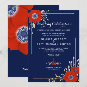 Red Anemone Formal Nautical Navy Hochzeit Einladung