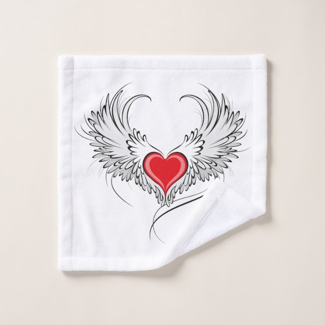 Red Angel Heart mit Flügeln Badhandtuch Set (Waschlappen)