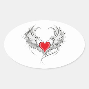 Red Angel Heart mit Flügeln Ovaler Aufkleber