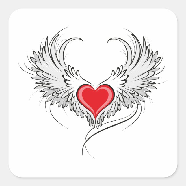 Red Angel Heart mit Flügeln Quadratischer Aufkleber (Vorderseite)
