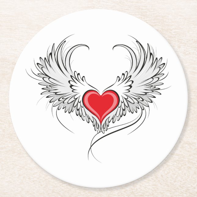 Red Angel Heart mit Flügeln Runder Pappuntersetzer (Vorderseite)