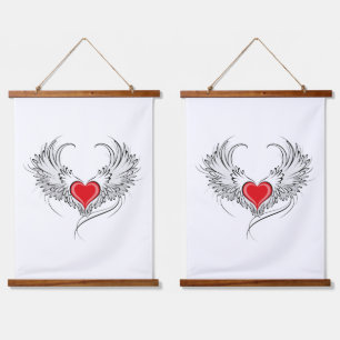 Red Angel Heart mit Flügeln Wandteppich Mit Holzrahmen