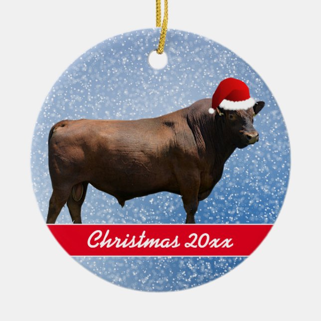 Red Angus Bull und Weihnachtsmannmütze Keramik Ornament (Vorne)